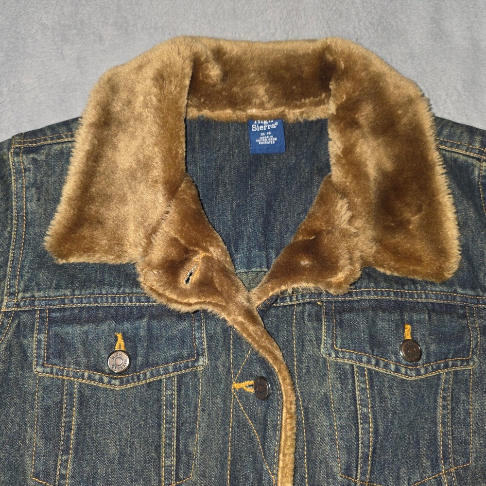 High Sierra Womens Denim Jacket Faux Furā Trim Dark Wash Blue XL 16 Trucker Coat